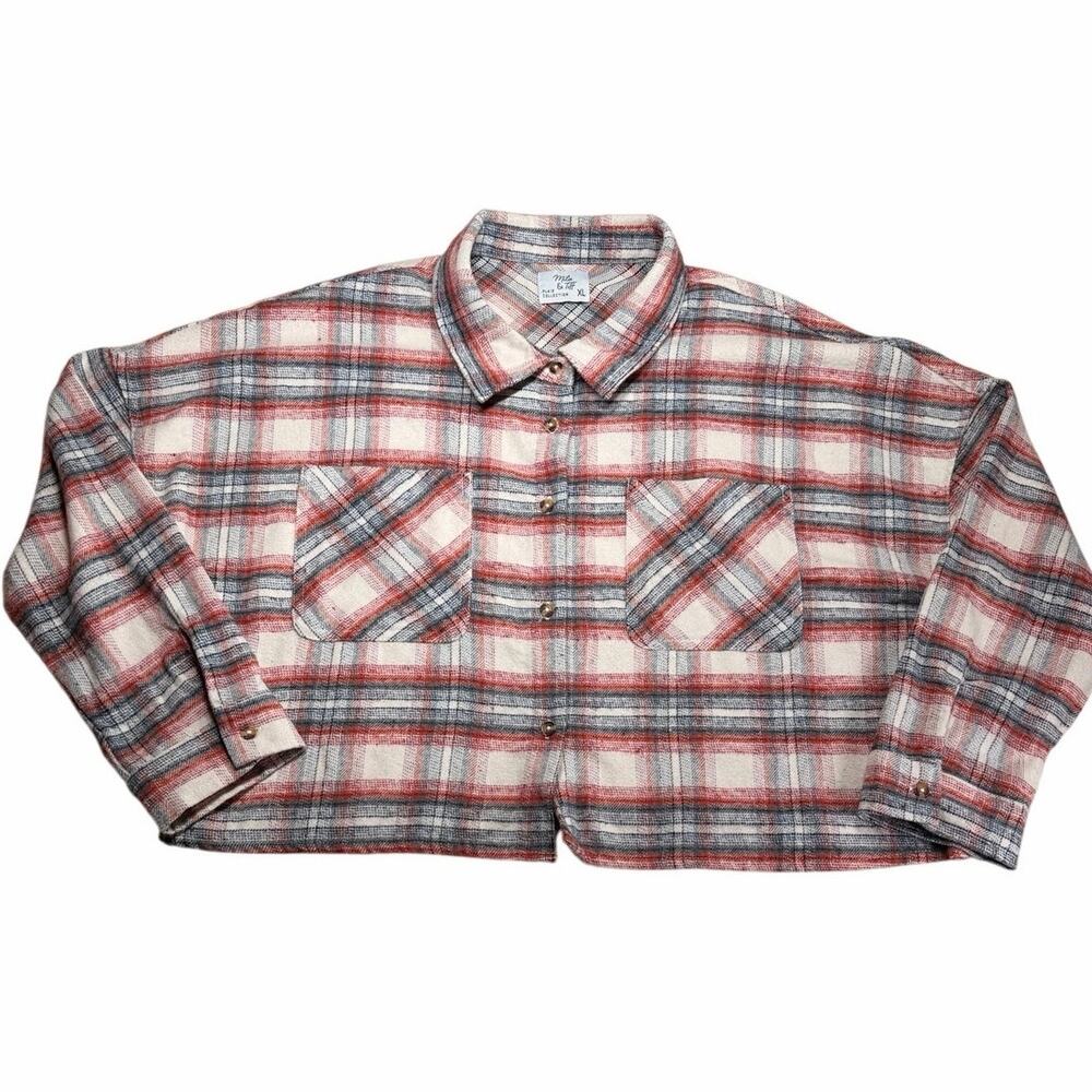Mila & Tiff Plaid Flannel Top XL Cropped Boxy Button Front Red Blue